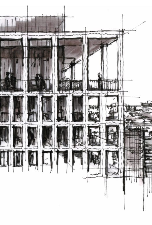 Three black and white building sketches by Dan Hogman. Each sketch shows a different perspective and section of the building.